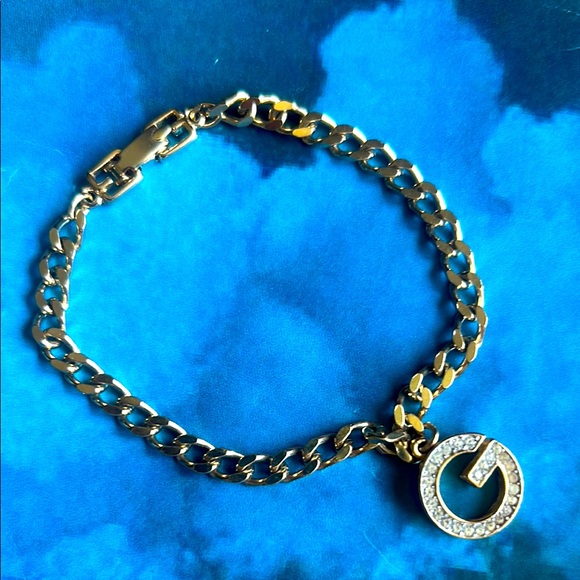 Givenchy Gold Tone Chunky Chain Bracelet w. Crystal Logo Pendant Christal Charm - Picture 1 of 12